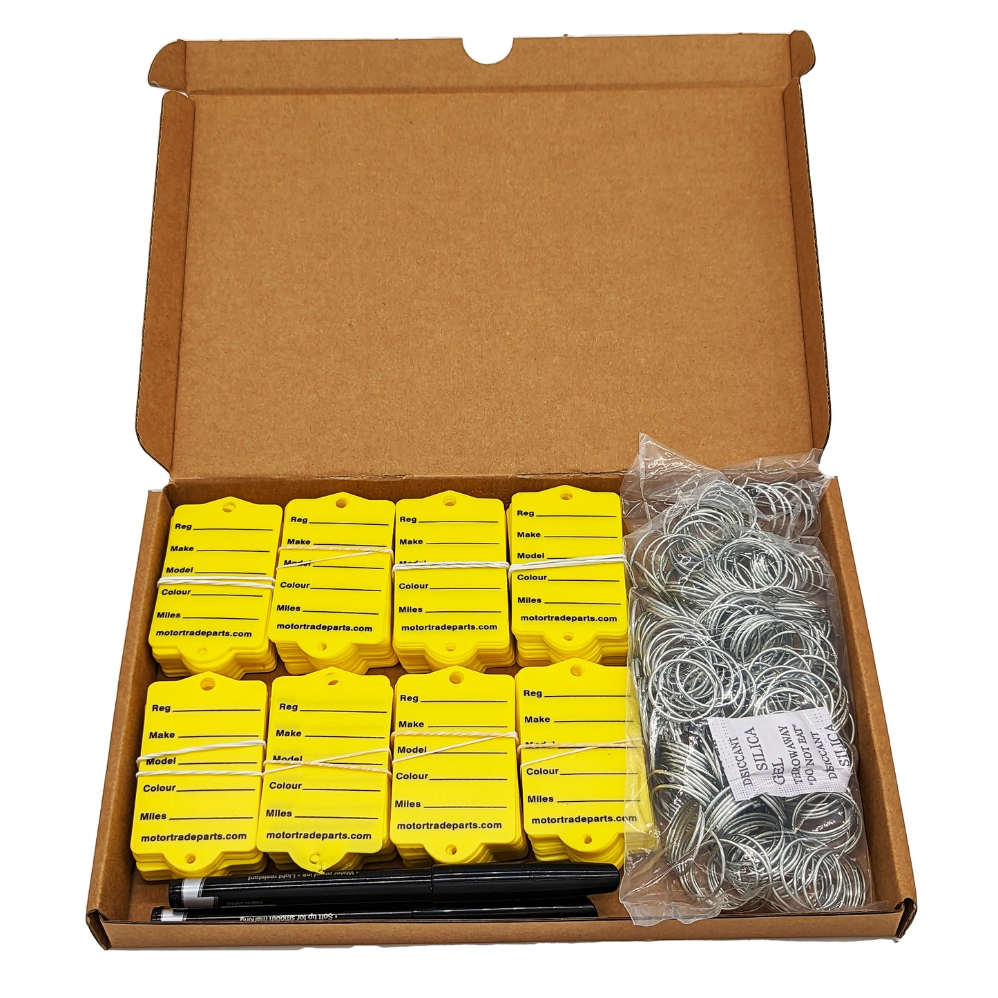 Box of Car Key Tags which are Plastic Yellow. Also include in the images are the rings and pens