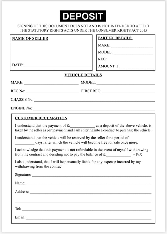 Car sales deposit book 