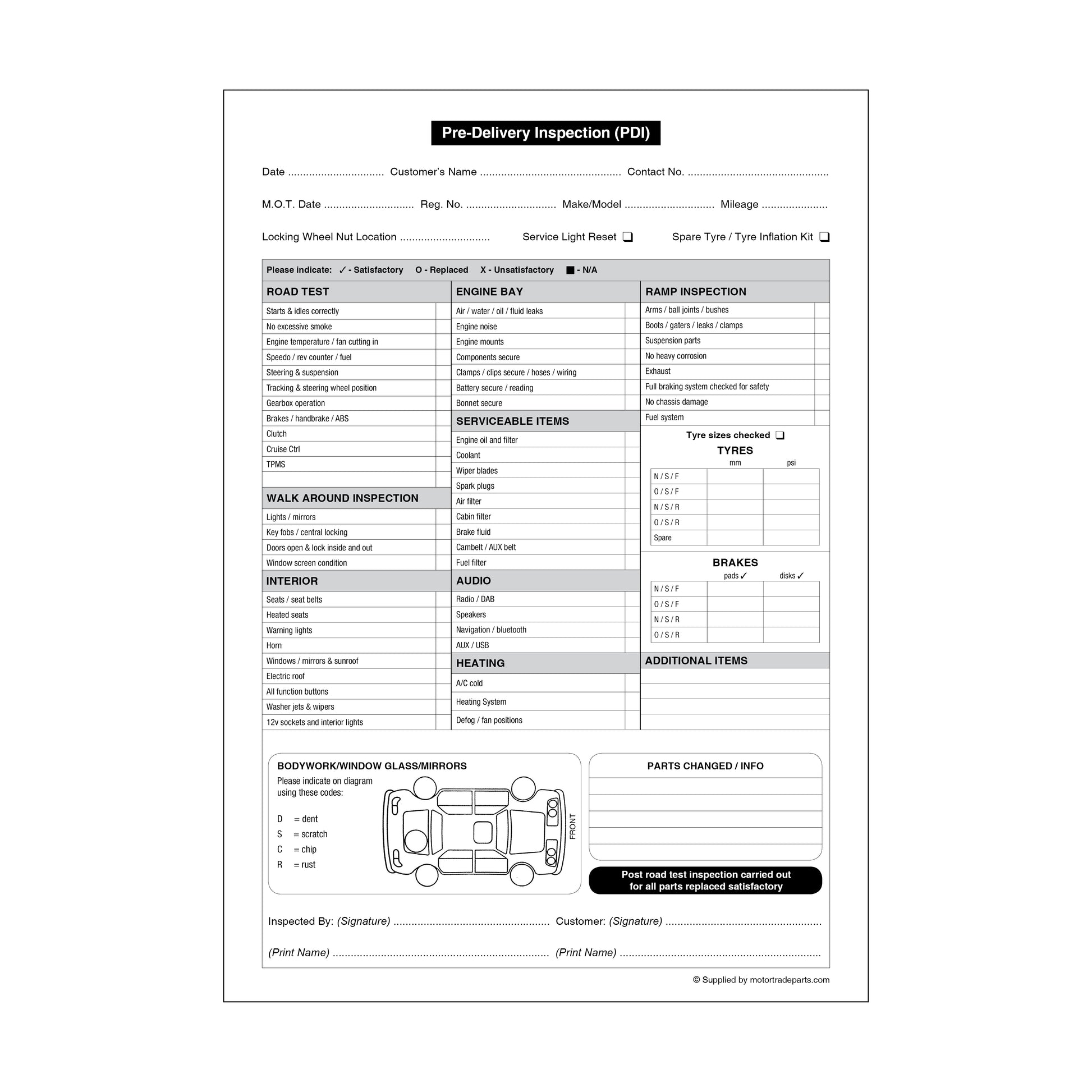 Pre Delivery Inspection Pad