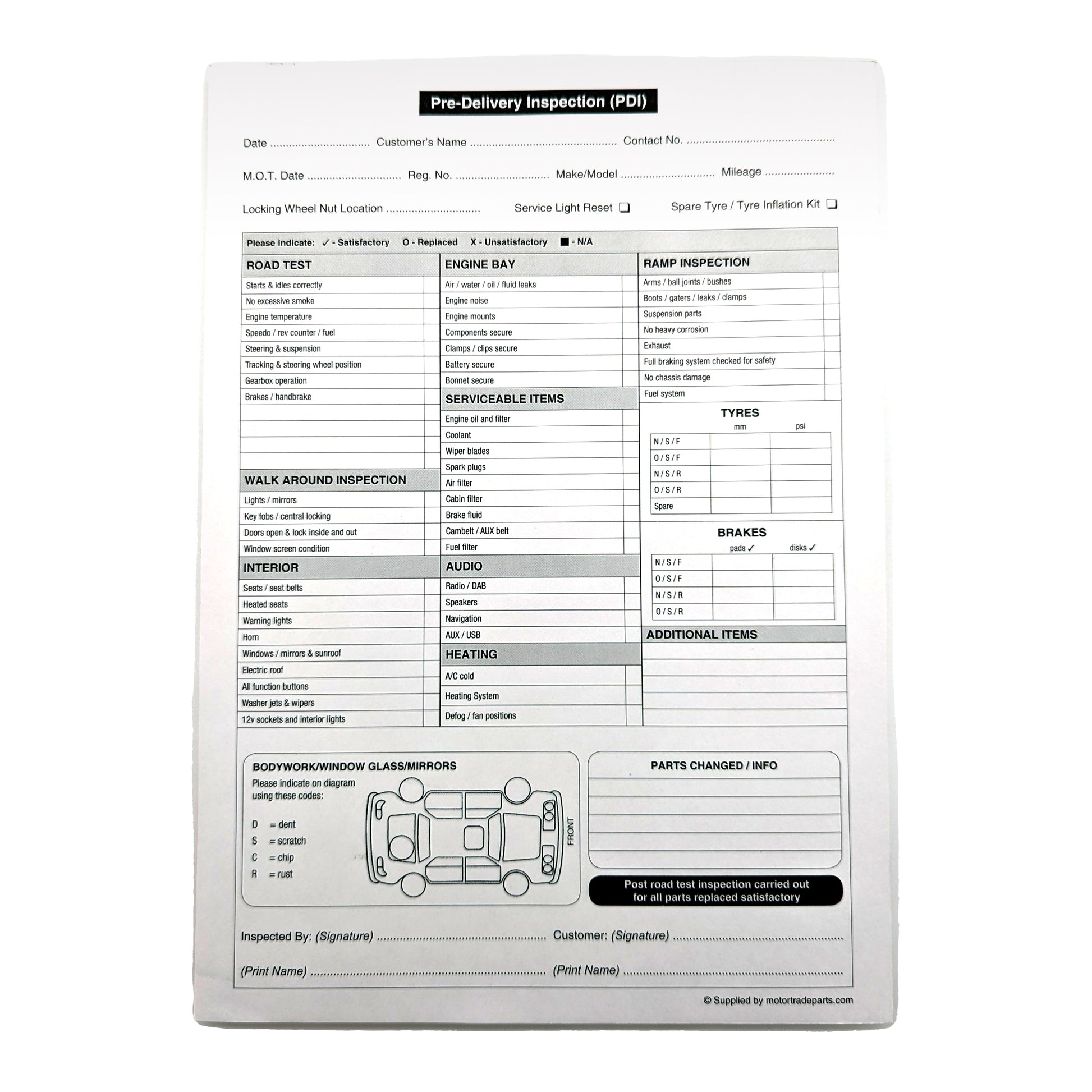 Pre Delivery Inspection Pad