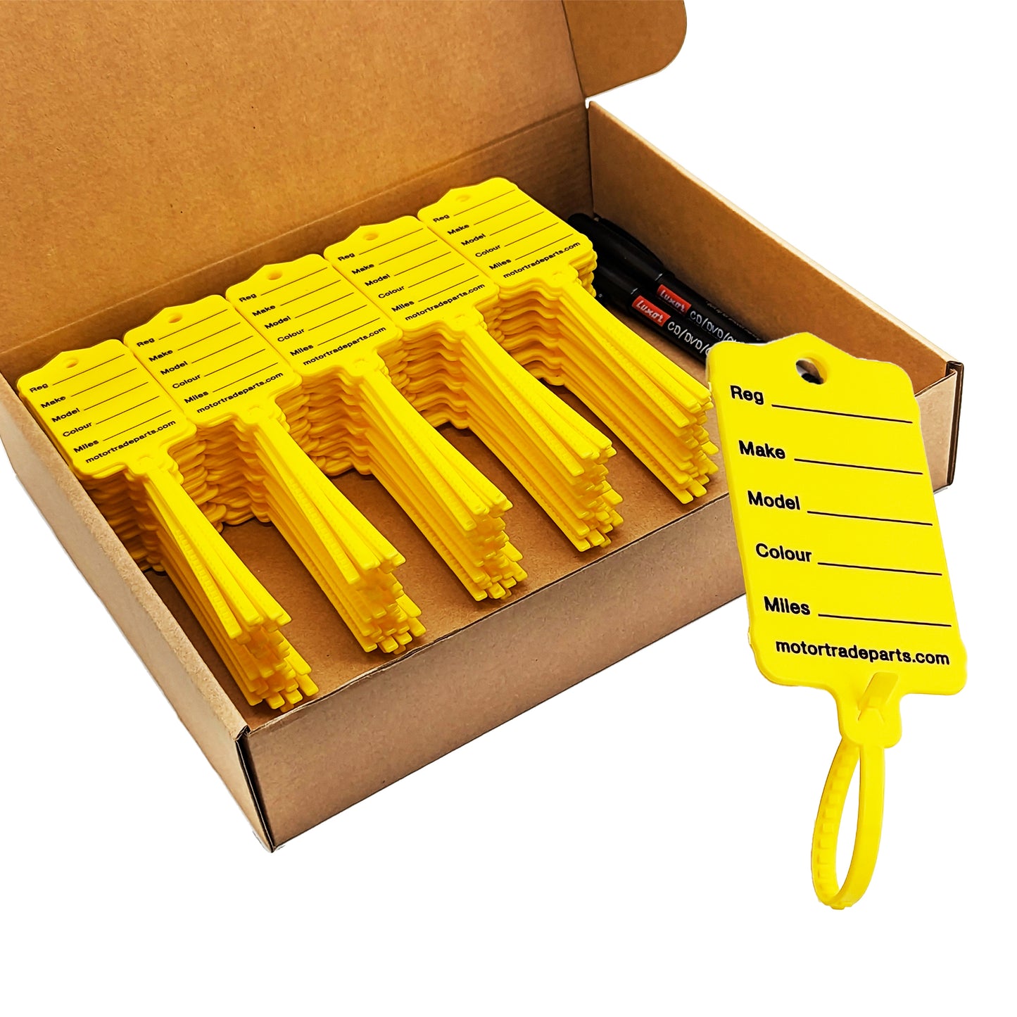 Box of Yellow Car key Tags - Self Locking