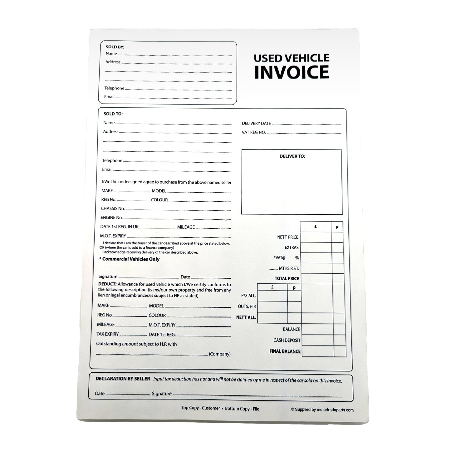 Used Car Invoice Pad