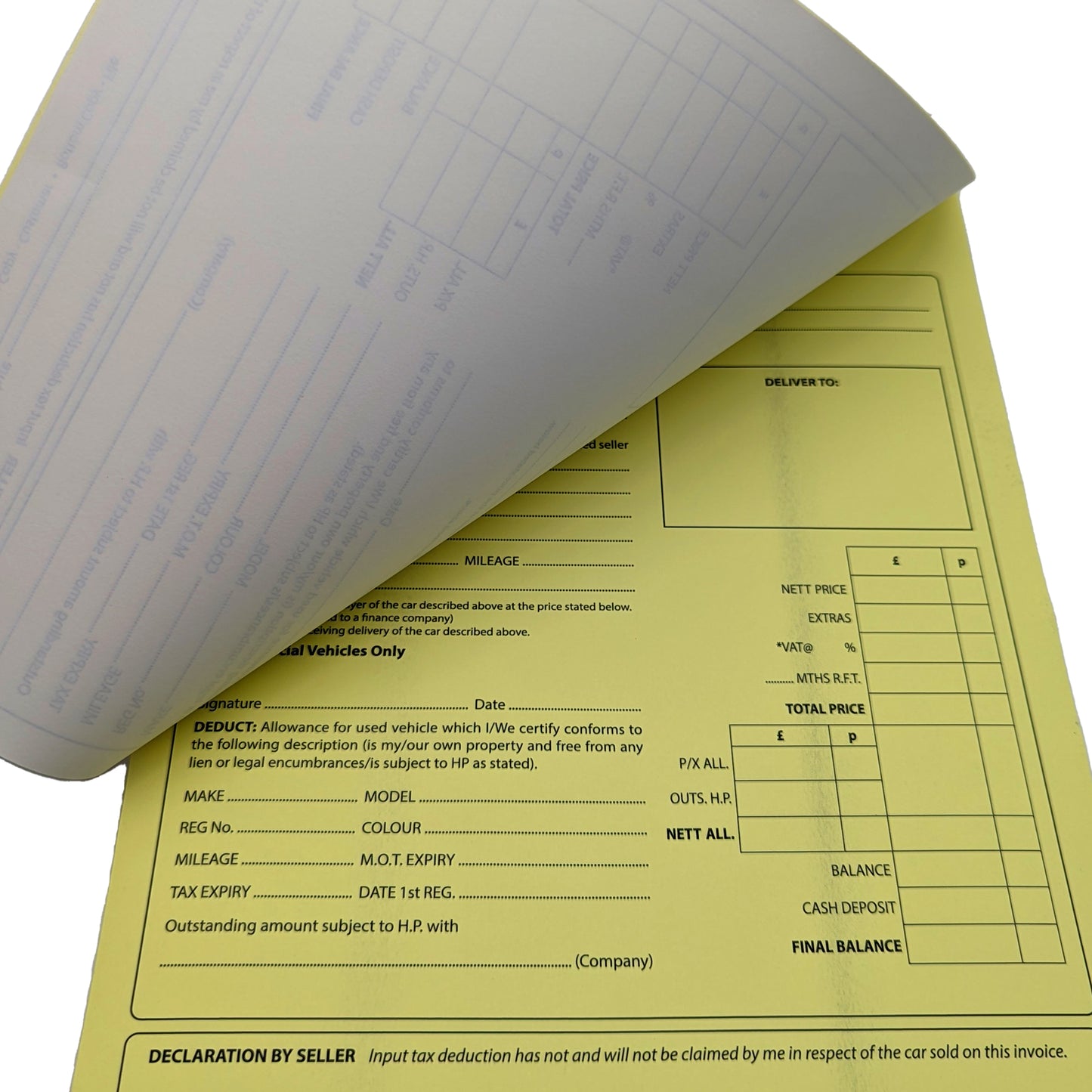 Used Car Invoice Pad - Yellow Duplicte