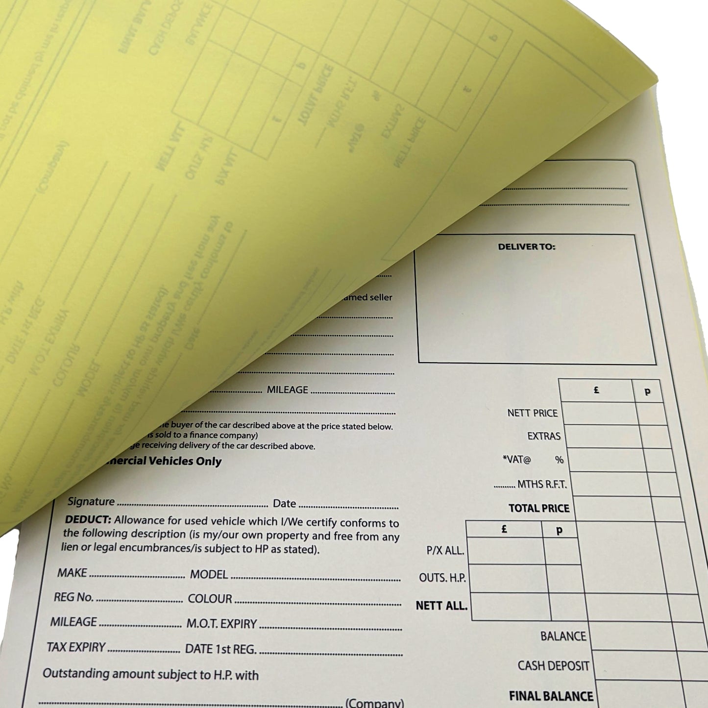 Used Car Vehicle Sales Invoice Pad