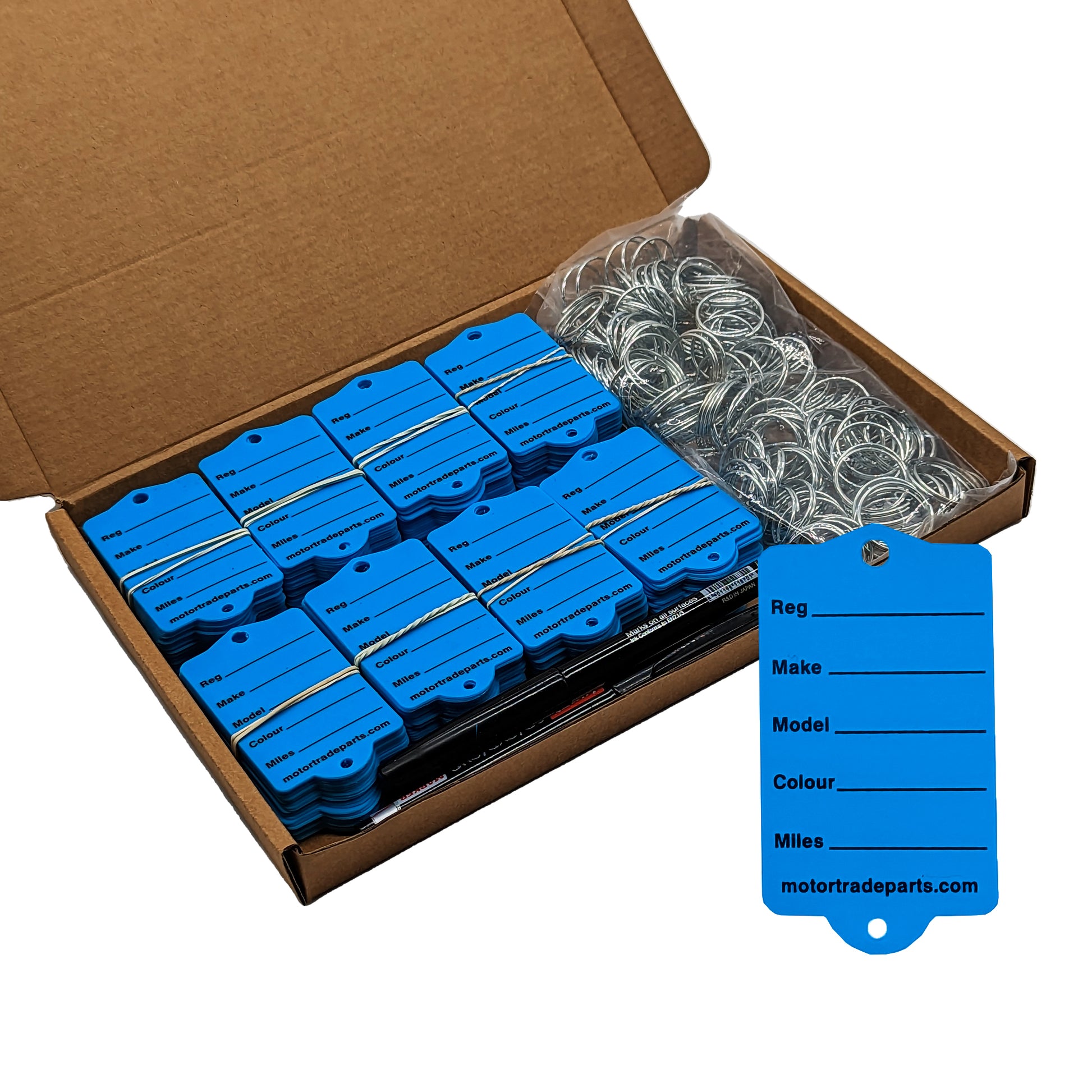 Blue Car Key Tags that are platic. Shown in packaging.