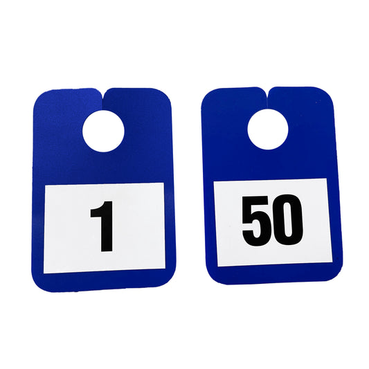 Numbered Mirror Hangers - Image of numbers 1 to 50 on blue hangers
