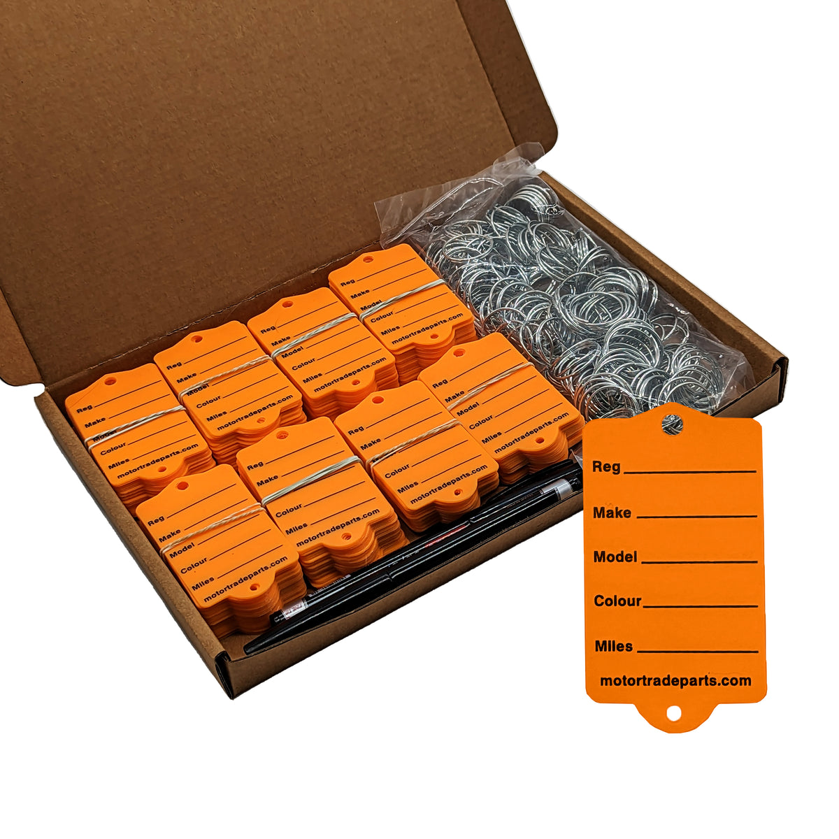 Car Key Tags in a box. These are Orange tags.