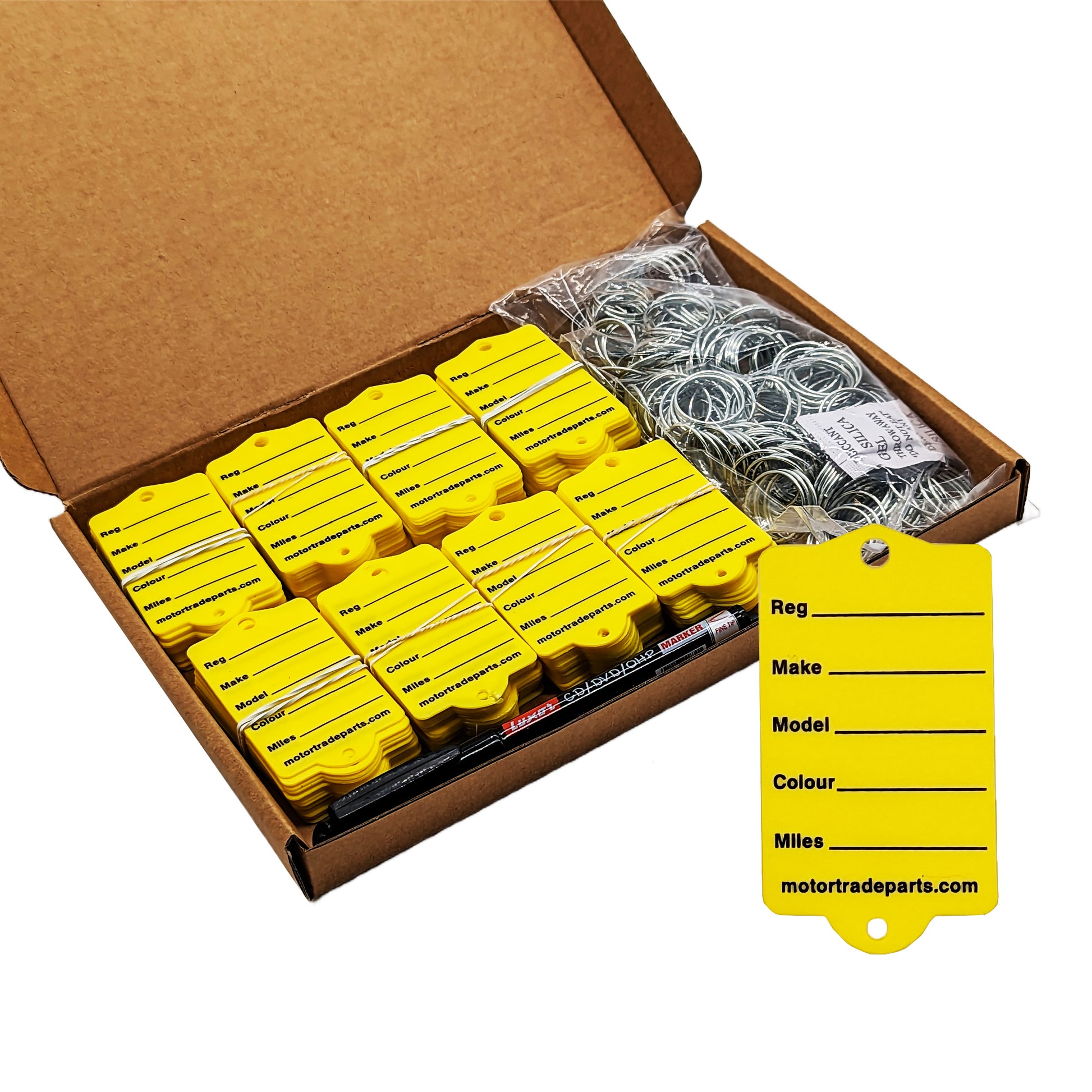 Box of Car Key Tags which are Plastic Yellow. Also include in the images are the rings and pens